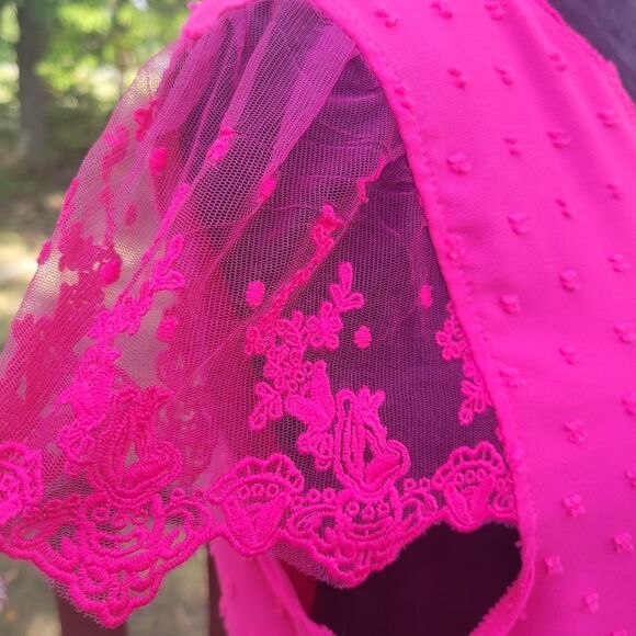 Women's Hot Pink Swiss Dot Lace V-Neck Short Sleeve Blouse Tops Size Large - Picture 7 of 15